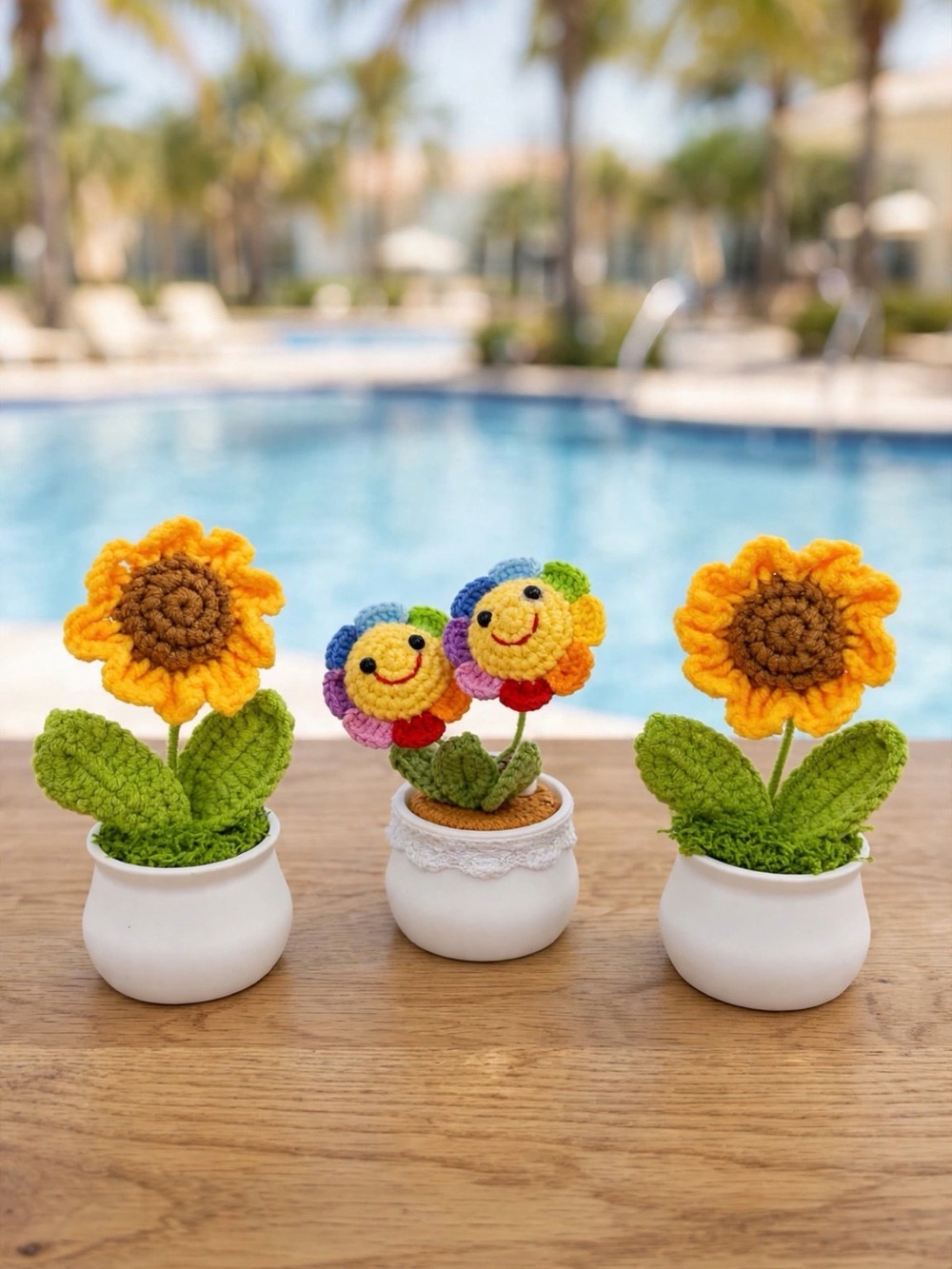 Handmade Crochet Sunflower & Smiley Flower Pot Decorations - Yellow